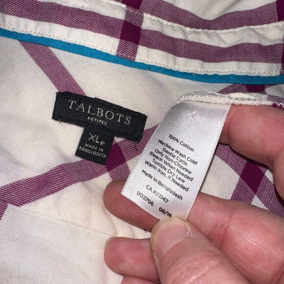 Talbots XLP Collared Button Down Long Sleeve Womens Shirt Cream Purple Plaid - Picture 6 of 11
